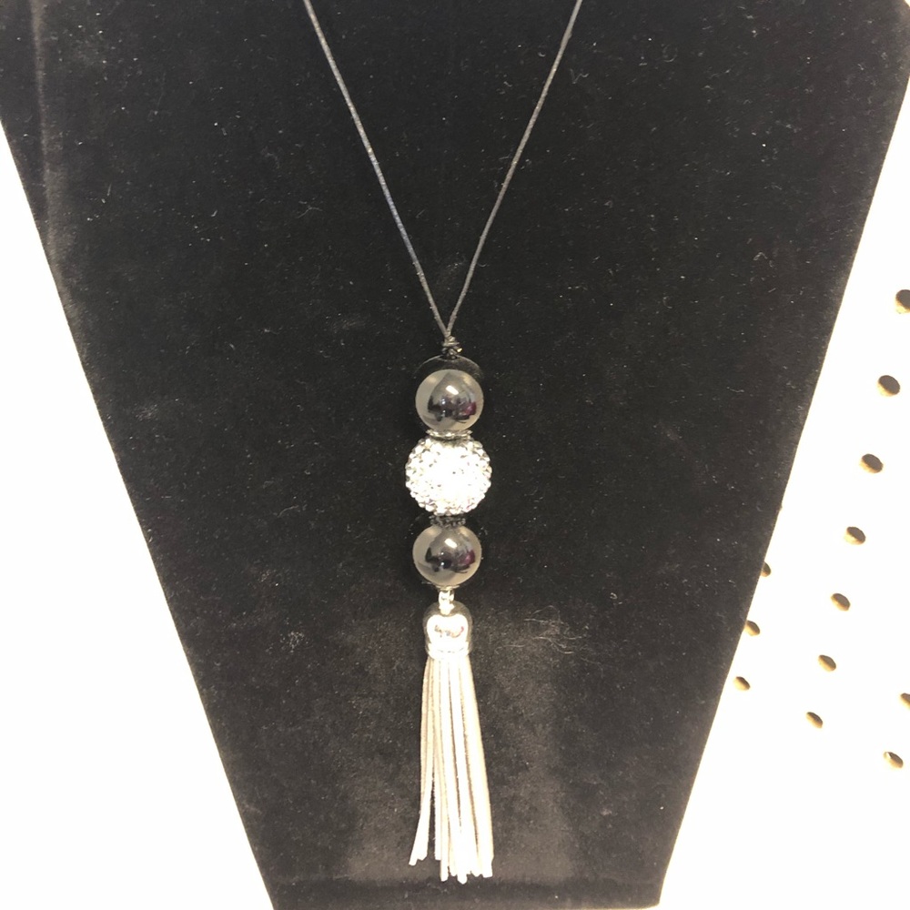 Mom length black & silver tassel necklace
